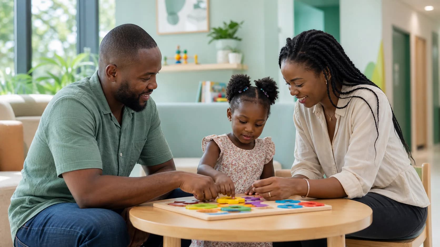 Parents completing a wooden puzzle with their young daughter