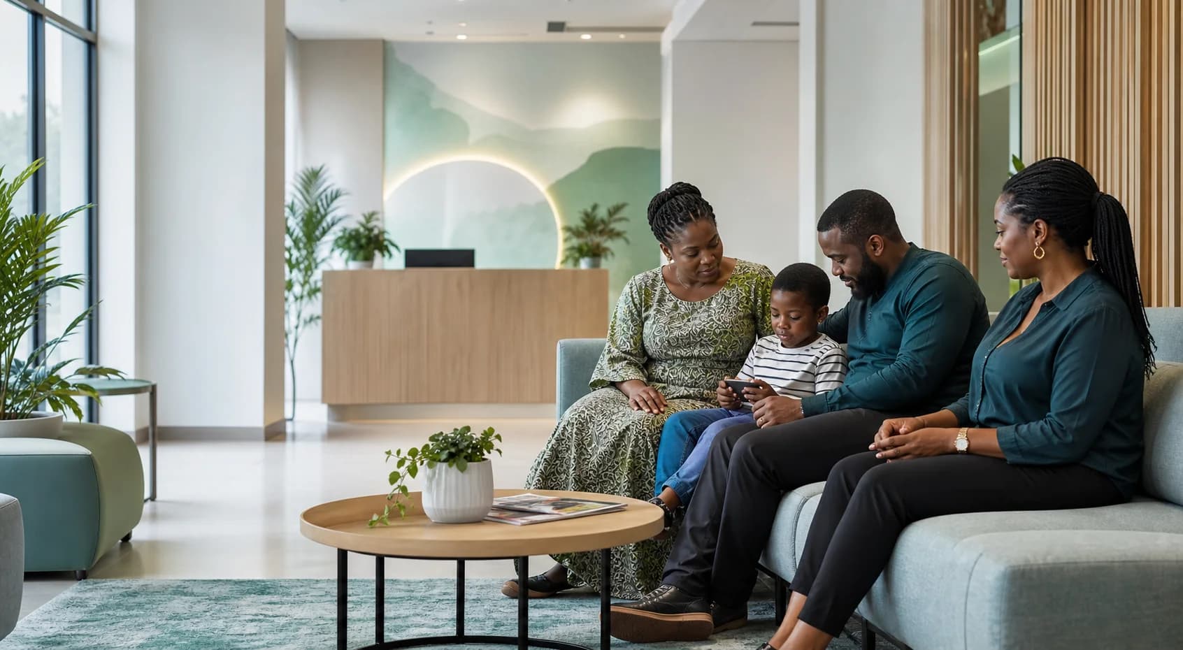 Family seated together in a calm clinic reception area