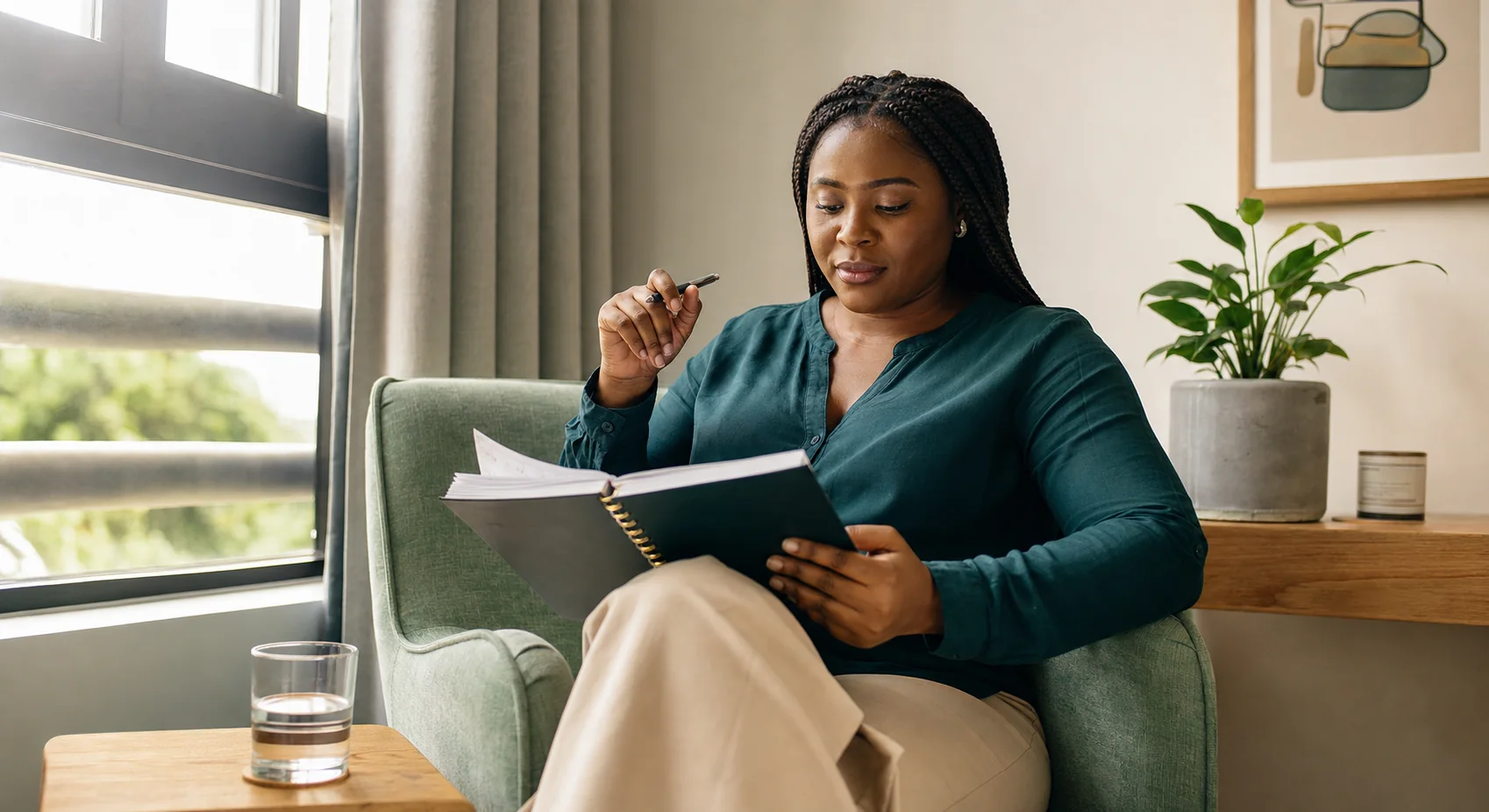 Woman reviewing notes while planning for her health